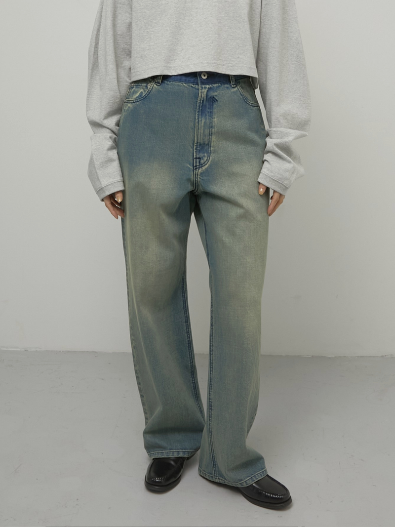 high waist straight denim pants sand beige
