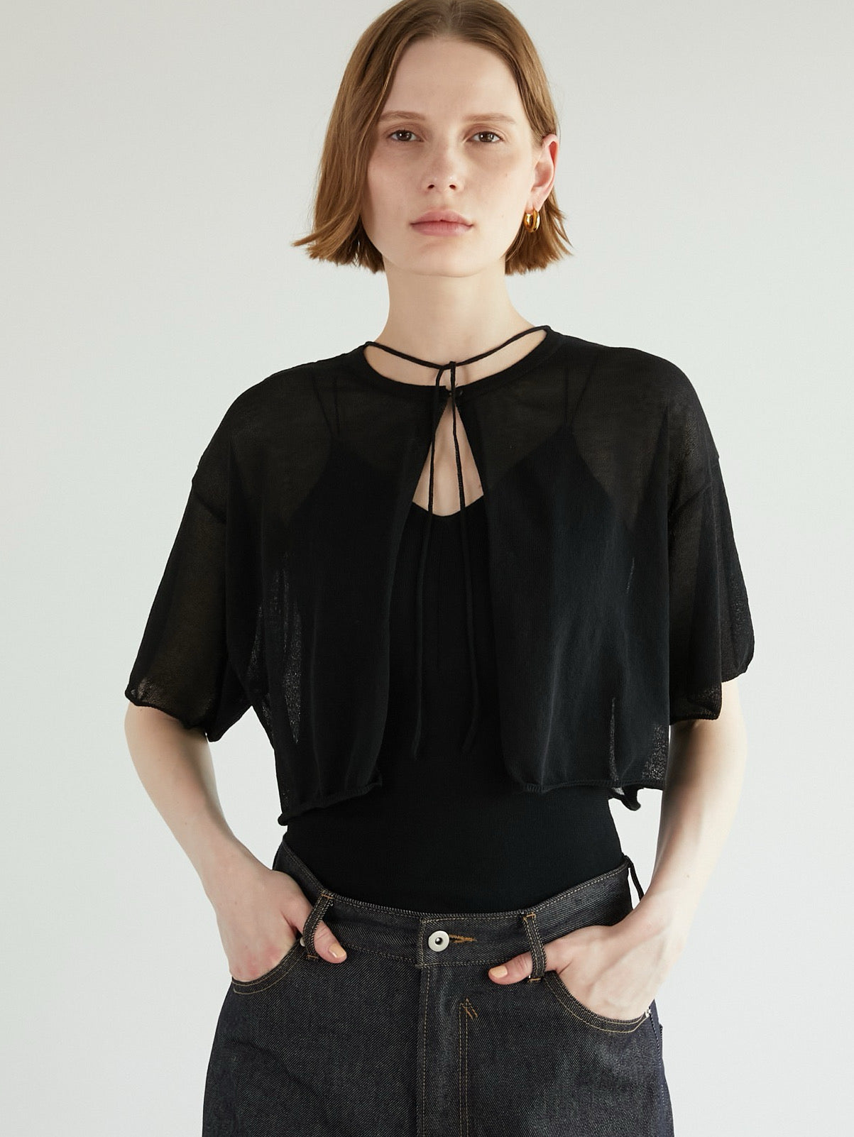 LA PEAU DE GEM sheer short cardigan 黒 sheer short cardigan – LA PEAU DE GEM