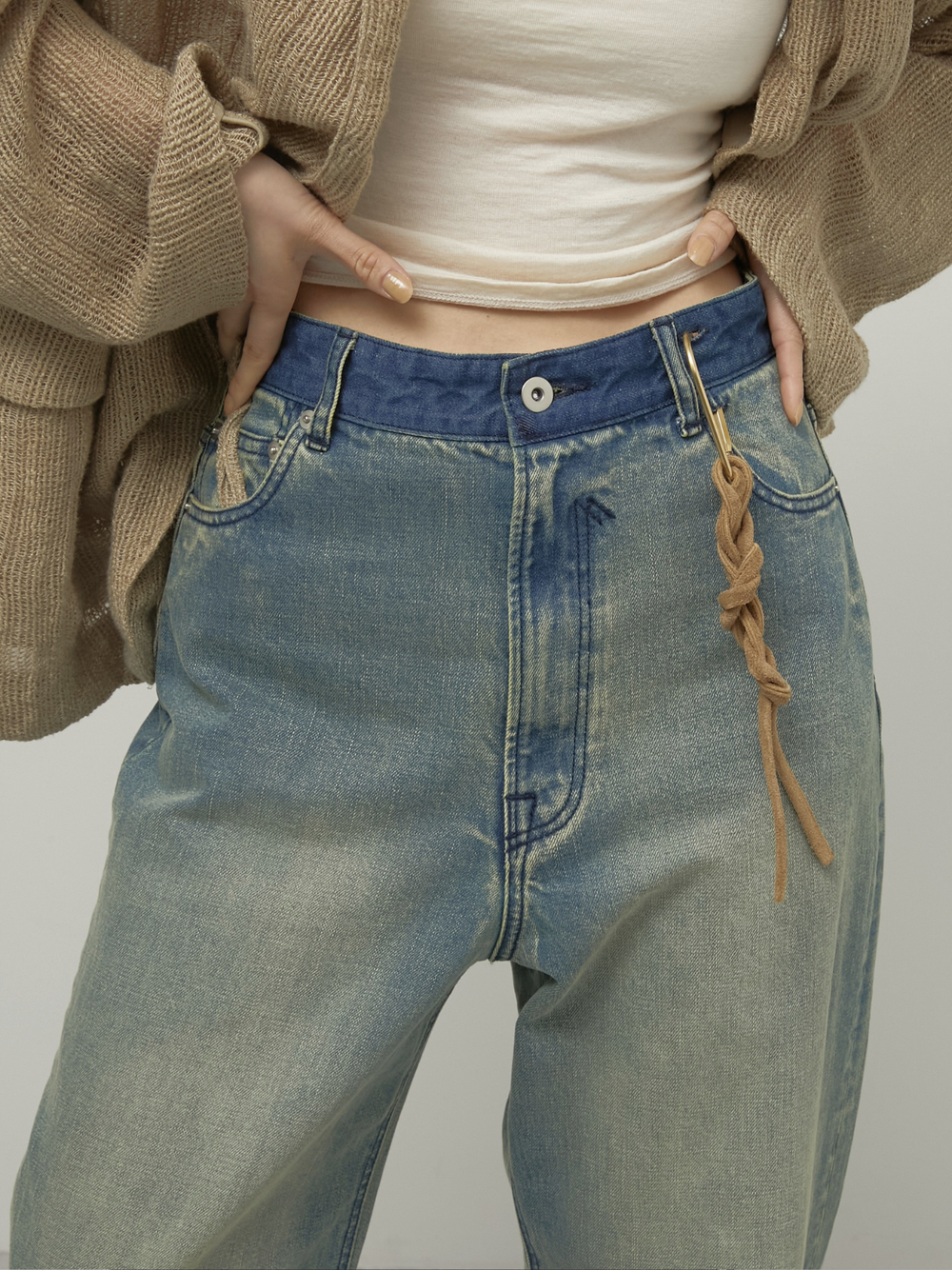 high waist straight denim pants sand beige
