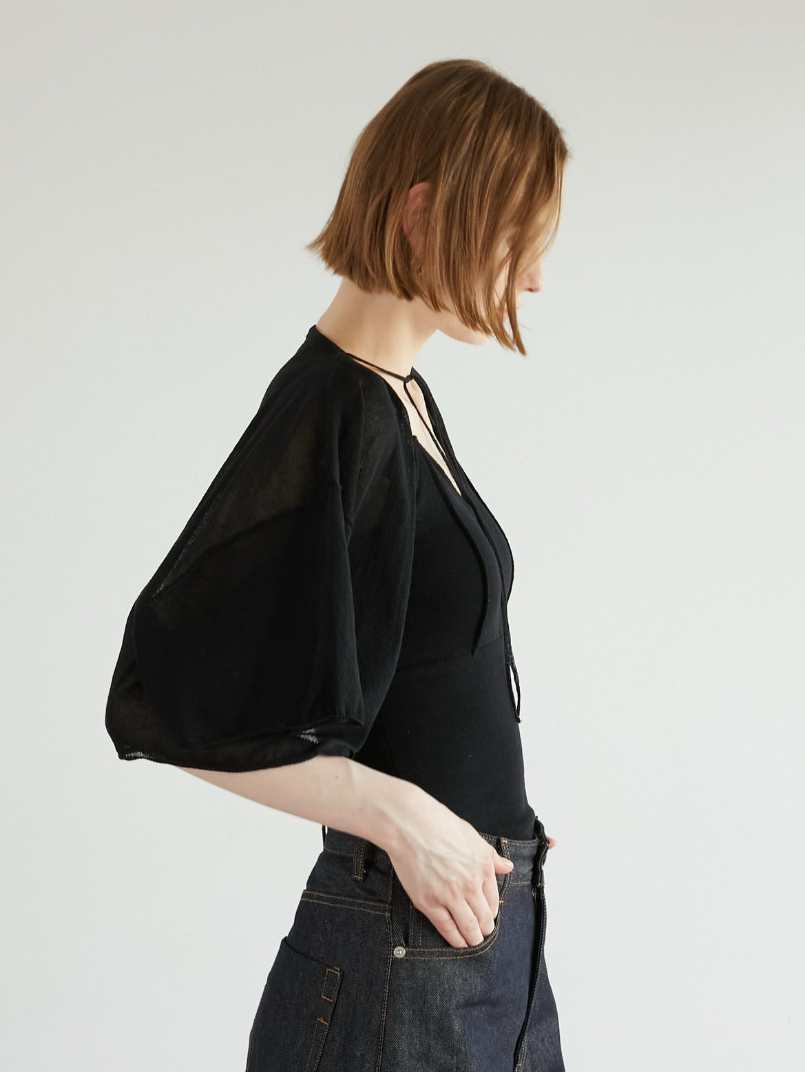 LA PEAU DE GEM sheer short cardigan 黒 sheer short cardigan – LA PEAU DE GEM